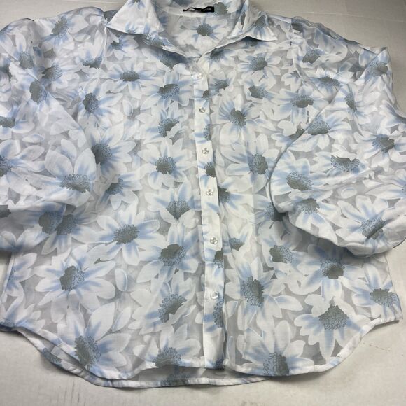 Boston Proper Floral Blouse Puff Sleeve Button Down Romantic Top Cottagecore L - Picture 2 of 12